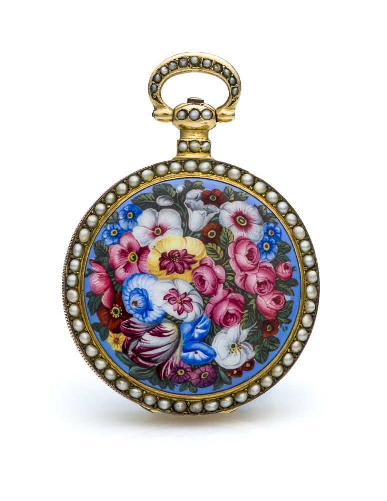 GUINAND, ENAMEL BOUQUET OF FLOWERS, MADE FOR THE CHINESE MARKET An attractive, manual wind, gilt and enamel pocketwatch made for the Chinese market.
