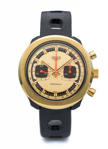 HEUER TEMPORADA CHRONOGRAPH A fine and unusual, composite and gold-plated chronograph wristwatch.