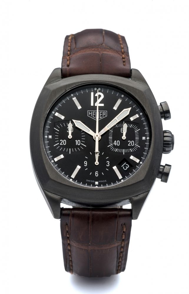 HEUER, MONZA CHRONOGRAPH WITH CUSTOM PVD COATING A fine, self-winding, black-coated stainless steel chronograph wristwatch with date.
