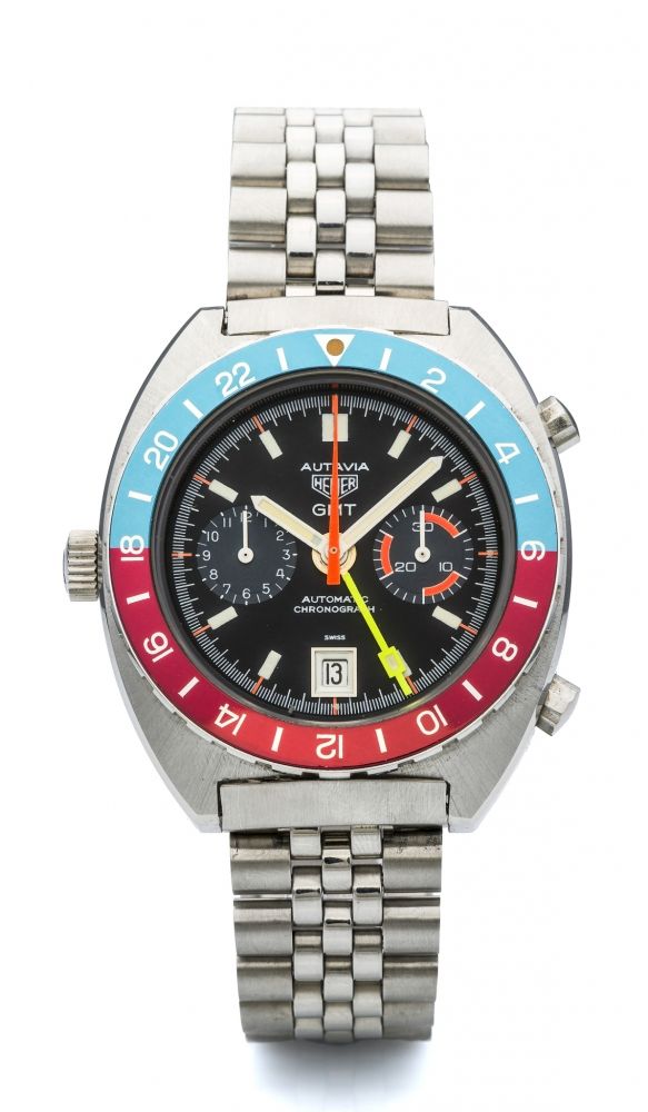 HEUER, REF. 11630, AUTAVIA GMT A fine and attractive, self-winding, stainless steel GMT chronograph with date.