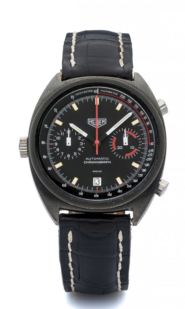 HEUER, REF. 150.501, MONZA A fine, black-coated stainless steel self-winding chronograph wristwatch with date.