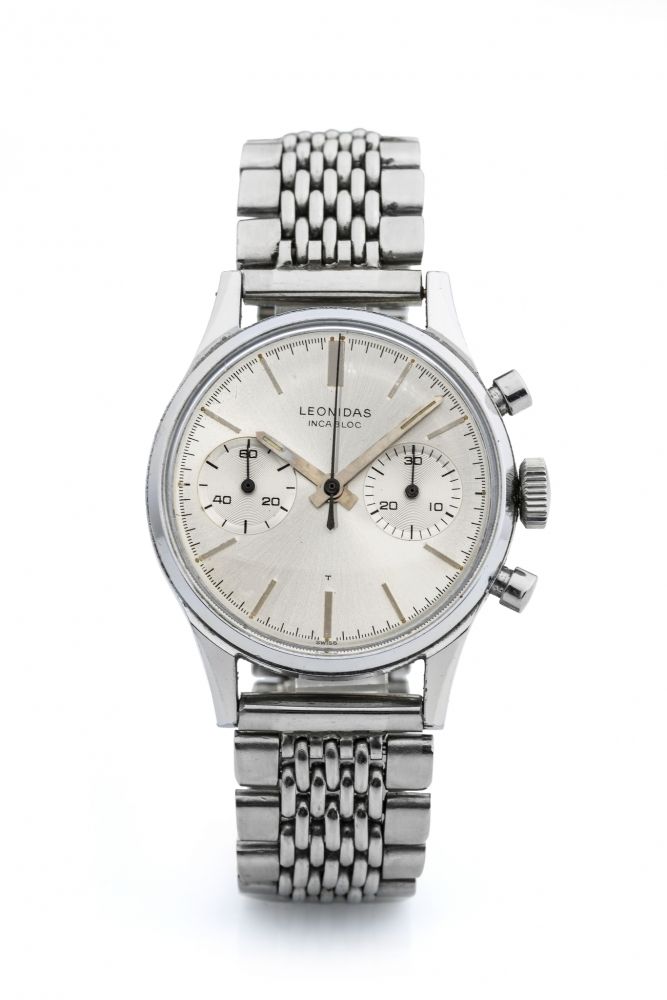 LEONIDAS, CHRONOGRAPH, STEEL A fine, manual wind, stainless steel chronograph.