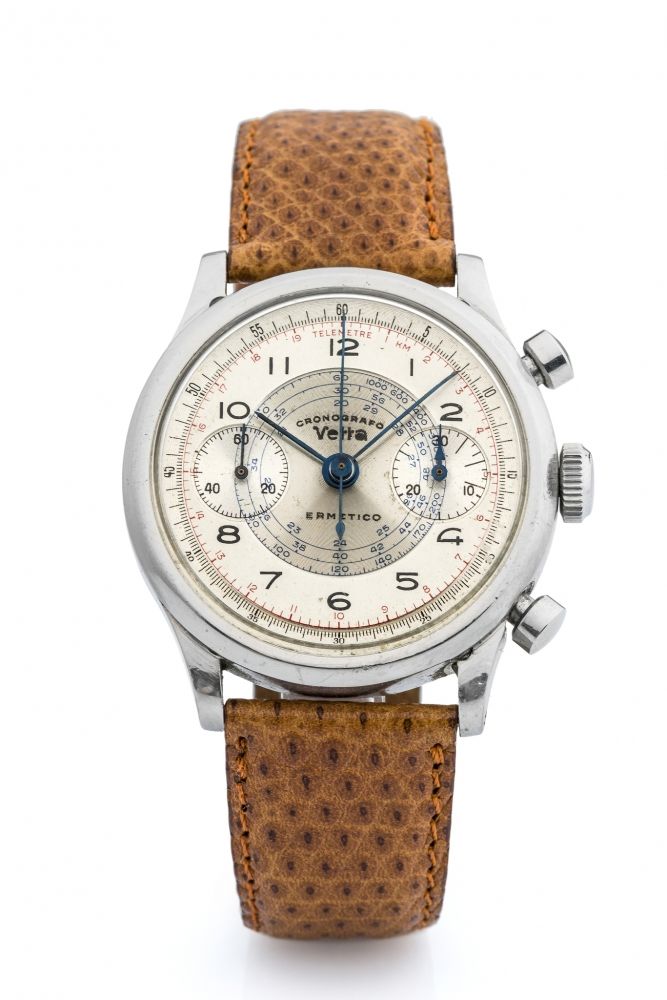 VETTA, LARGE ANTIMAGNETIC CLAMSHELL CHRONOGRAPH A fine, large, anti-magnetic, manual wind stainless steel chronograph.