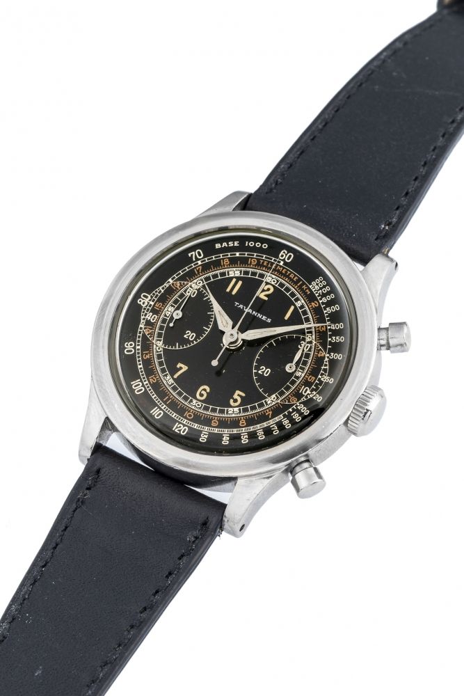 TAVANNES, OVERSIZE CLAMSHELL CHRONOGRAPH, STEEL A fine, attractive, oversize, manual wind, stainless steel chronograph wristwatch with black dial.