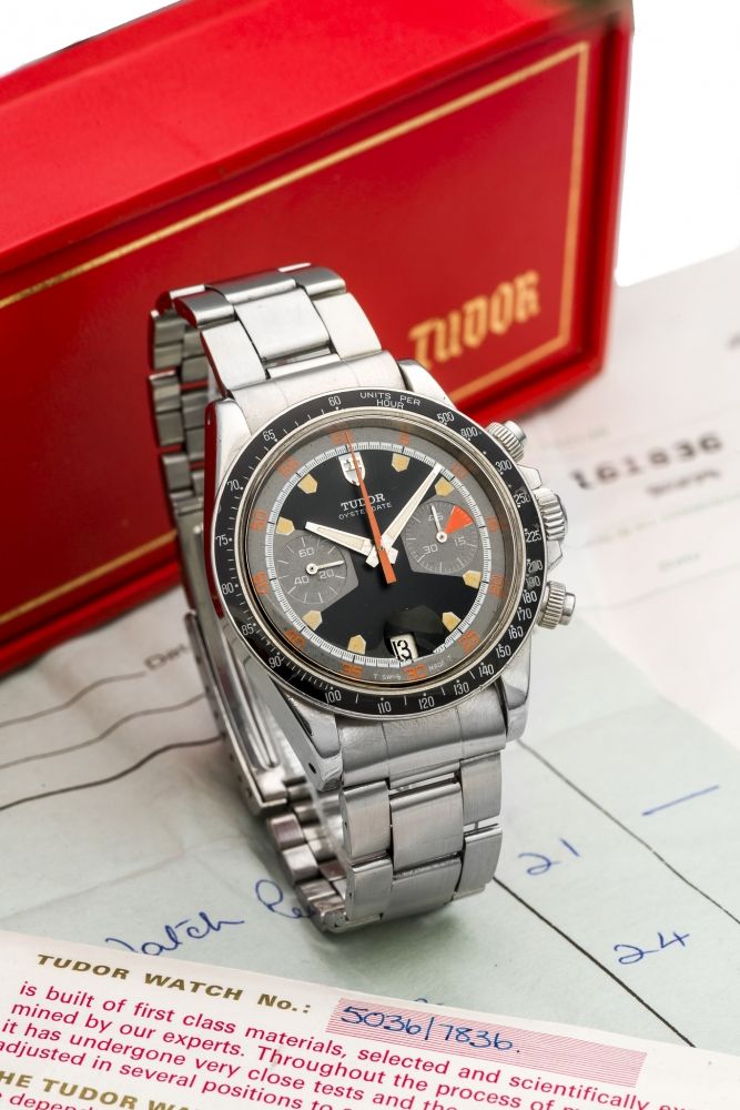 TUDOR, REF. 7031 HOMEPLATE, BLACK DIAL A fine, early and extremely rare, manual wind chronograph wristwatch with date.