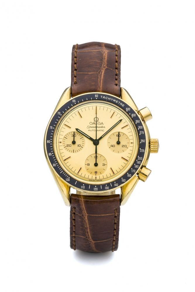 OMEGA, REF. 1750032, SPEEDMASTER A fine, self-winding, 18k yellow gold chronograph wristwatch.