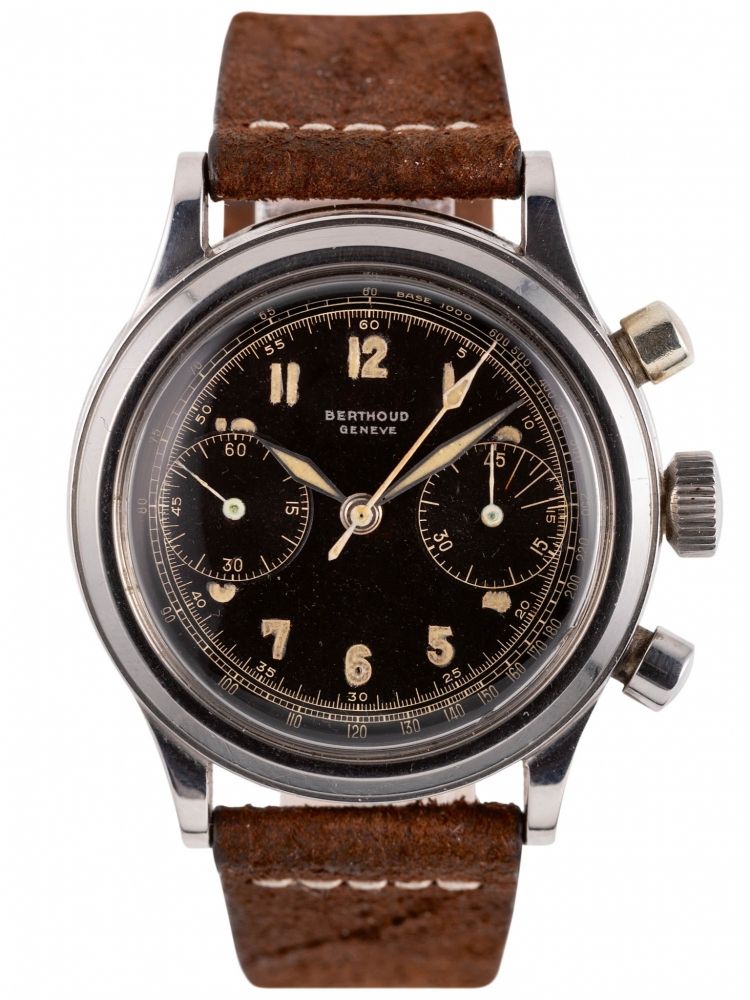 BERTHOUD GENEVE THE RAREST UNIVERSAL CHRONOGRAPH WATCH Exceptional and very rare stainless steel "Enversteel" chronograph wristwatch with round pushers and very nice glossy black dial with 2 registers and tachometer scale. Rarissime et exceptionnel chrono