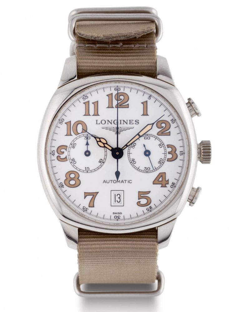 LONGINES "SPIRIT" Fine stainless steel, chronograph registers, self-winding wristwatch with date. Jolie montre-bracelet en acier, chronographe avec compteur et date.