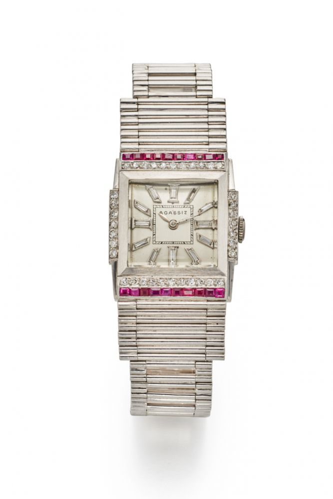 AGASSIZ WATCH CO. ART DECO. PLATINUM, DIAMONDS AND RUBIES