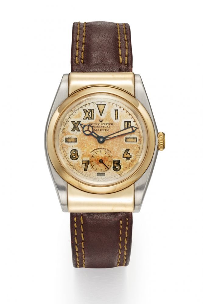 ROLEX FOR MAPPIN, LONDON REF. 3065/3159,BUBBLE BACK HOODED “ CALIFORNIA DIAL, STAINLESS STEEL AND YELLOW GOLD, RETAILED BY MAPPIN, LONDON