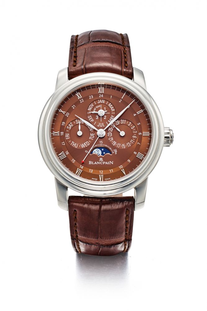 BLANCPAIN SELF-WINDING, PERPETUAL CALENDAR, LEAP-YEAR INDICATION, MOON PHASES, AM-PM INDICATION, TWO-TIME ZONE, PATENTED SYSTEM OF CORRECTORS UNDER THE LUGS. “LE BRASSUS, QUANTIÈME PERPÉTUEL GMT”. LIMITED EDITION OF 150 PIECES. PLATINUM