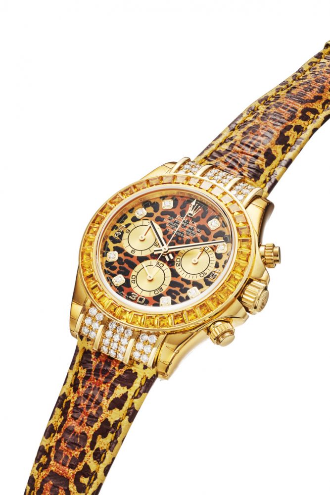 ROLEX REF. 116598, DAYTONA LEOPARD 18K YELLOW GOLD, DIAMOND AND COGNAC SAPPHIRE BEZEL
