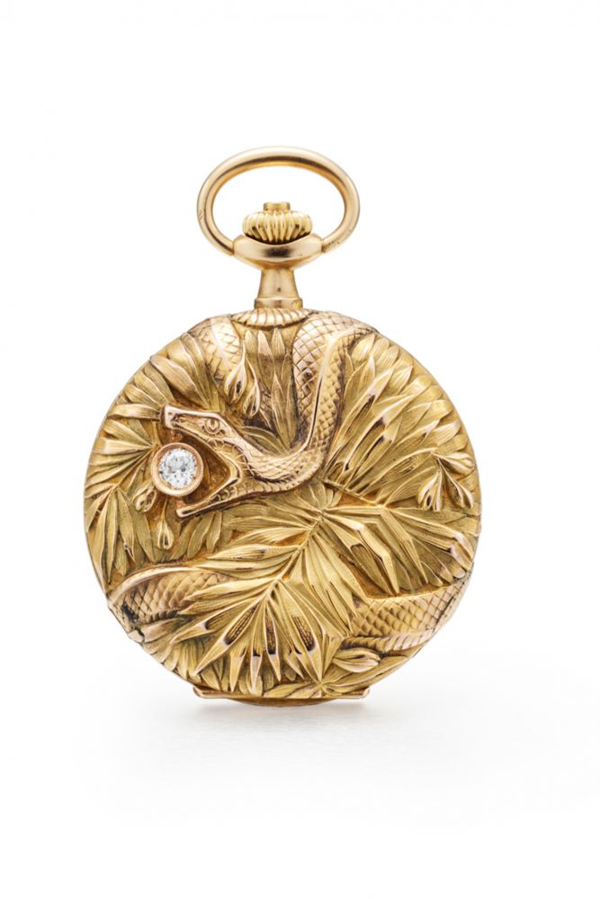BOREL FILS CO. ART NOUVEAU THREE-TONE POCKET WATCH. 14K YELLOW, ROSE AND GREEN GOLD AND DIAMOND
