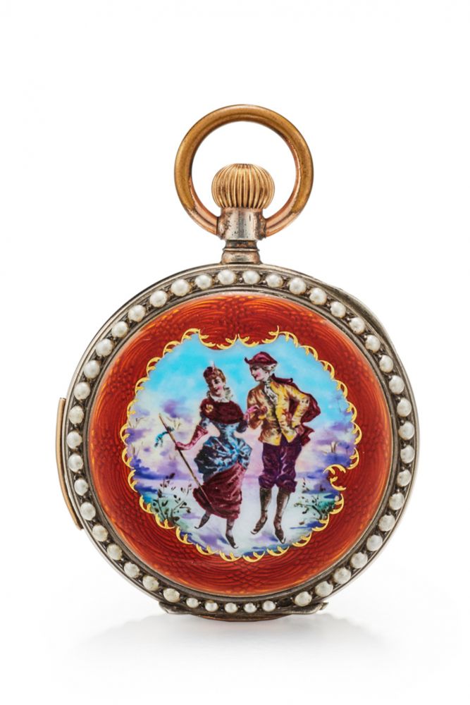 TAVANNES WATCH CO. FOR SCHWOB FRÈRES CO. ART NOUVEAU HUNTING-CASE POCKET WATCH WITH MINUTE-REPEATER MADE FOR THE CHINESE MARKET. GILDED SILVER, ENAMEL AND PEARL-SET