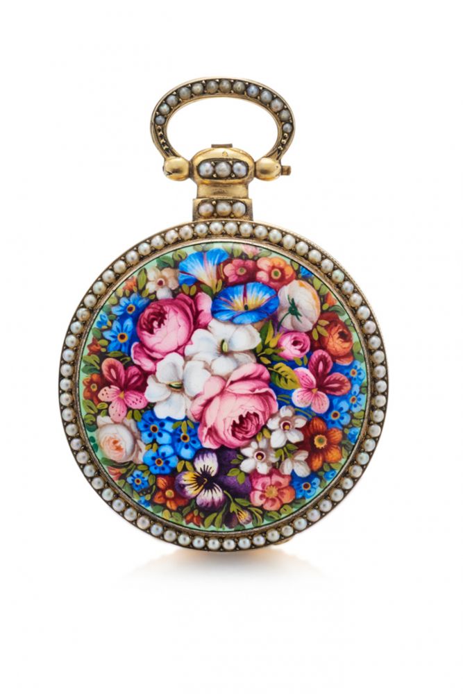 JUVET SMALL POCKET WATCH WITH CENTRE-SECONDS MADE FOR THE CHINESE MARKET. GILDED METAL, ENAMEL AND PEARLS