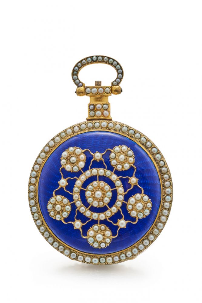 JUST SON POCKET WATCH WITH SPECIAL ESCAPEMENT AND CENTRE-SECONDS MADE FOR THE CHINESE MARKET. GILDED METAL, ENAMEL AND PEARLS