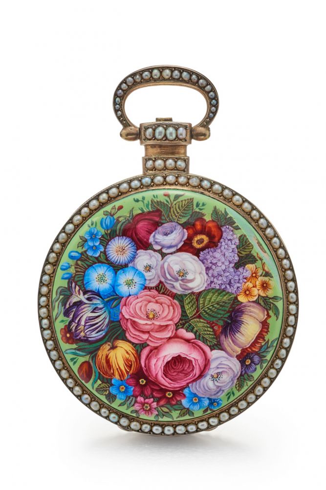 VAUCHER LARGE POCKET WATCH WITH SPECIAL CALIBRE, SPECIAL ESCAPEMENT AND DEAD-BEAT CENTRE-SECONDS, MADE FOR THE CHINESE MARKET. GILDED METAL, ENAMEL AND PEARLS