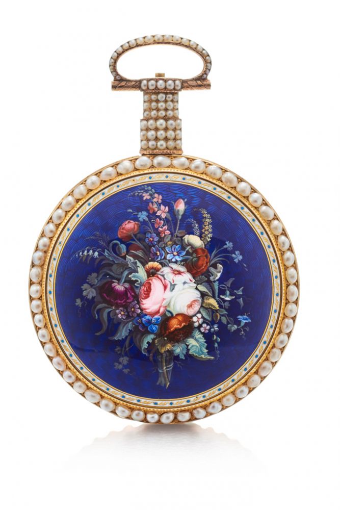 ILBERY LARGE POCKET WATCH MADE FOR THE CHINESE MARKET. 18K YELLOW GOLD, PEARLS AND ENAMEL