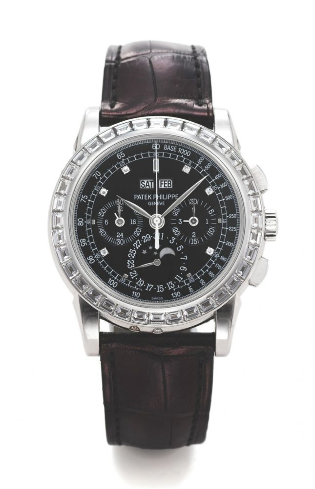 PATEK PHILIPPE REF. 5971 P, CHRONOGRAPH AND MINUTE RECORDER, PERPETUAL CALENDAR WITH LEAP-YEAR INDICATION AND MOON PHASES, AM-PM INDICATION. PLATINUM AND DIAMONDS. SEALED