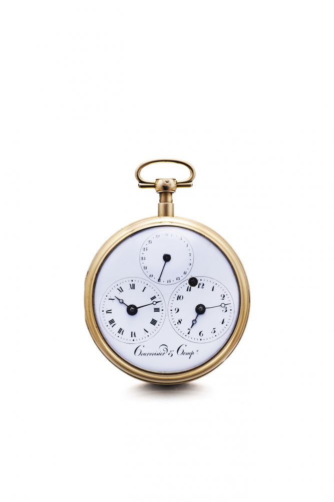 COURVOISIER CO. POCKET WATCH WITH THREE HOROLOGICAL COMPLICATIONS, INCLUDING QUARTERREPEATER, DATE AND SECOND MERIDIAN. 18K YELLOW GOLD