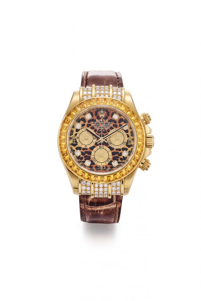 ROLEX REF 116598, DAYTONA, DIAMOND AND COGNAC SAPPHIRE LEOPARD, 18K YELLOW GOLD, AUTOMATIC