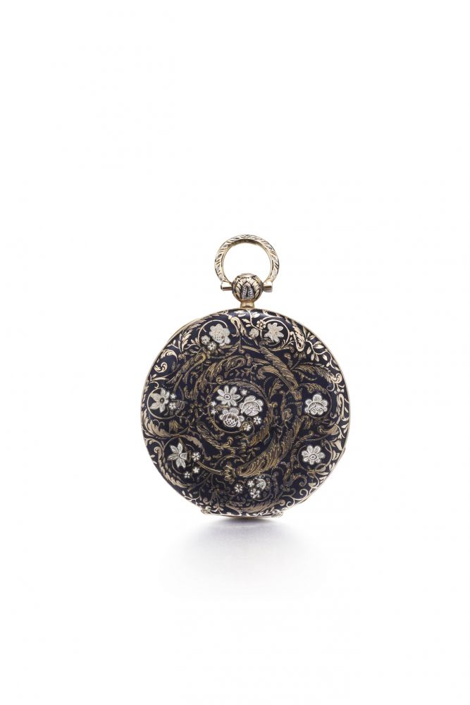 BAUTTE MOYNIER DECORATIVE POCKET WATCH WITH DIGITAL HOURS AND SUBSIDIARY SECONDS. 18K YELLOW GOLD AND ENAMEL