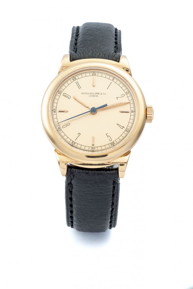 PATEK PHILIPPE REF 1510, MANUAL-WINDING WRISTWATCH WITH CENTRE-SECONDS AND CURLY HOODED LUGS. 18K PINK GOLD