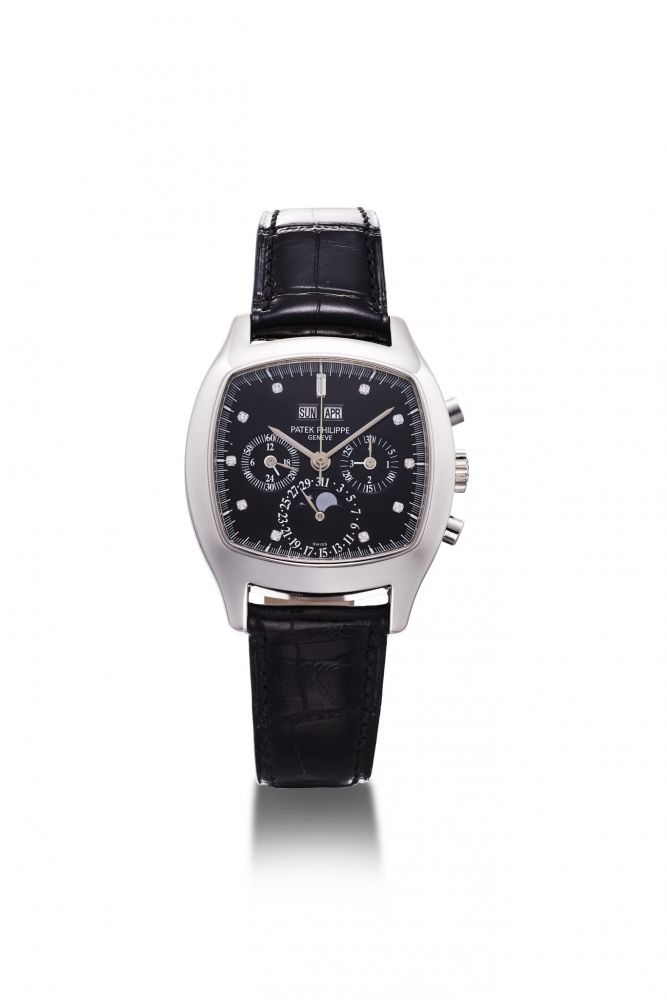 PATEK PHILIPPE REF 5020P CHRONOGRAPH WITH MINUTE RECORDER, PERPETUAL CALENDAR WITH LEAP YEAR AND MOON PHASES, DIAMOND-SET INDEXES ON BLACK MECHONICAL DIAL. PLATINUM, MECHANCIAL