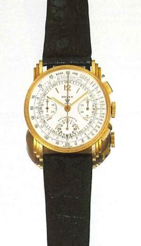 Rolex, Antimagnetic for Verga, Ref. 3835, made in.circa 50 examples in 1941..Very fine and rare, 18ct pink gold gentleman's.wristwatch, with square button chronograph, registers.tachometer and telemeter.