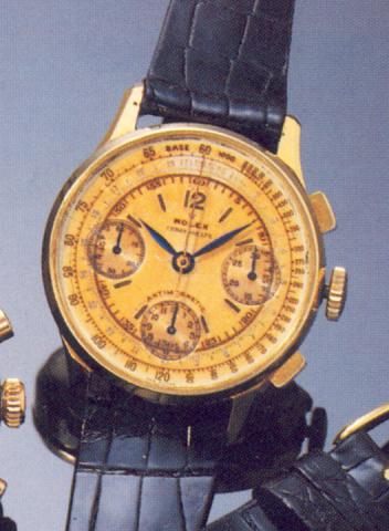 Rolex Chronograph Antimagnetic, Ref. 3802.1940 's..Fine and rare 18ct gold gentleman's wristwatch with.square button chronograph, registers, tachometer and.telemeter.