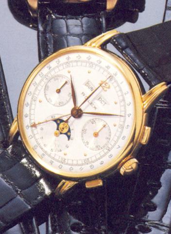 Rolex, Ref. 8237, 1950 's..Very fine and rare, astronomic, 18ct gold gentleman.s wristwatch with square button chronograph.registers and tachometer, triple date and moon.phases.
