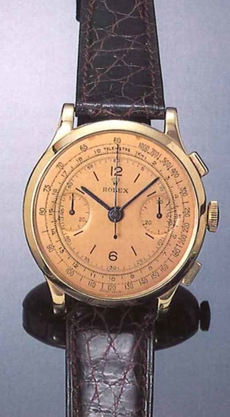 Rolex, Ref. 3695, produced in 48 examples in.yellow gold and 48 examples in pink gold from.1940 to 1941..Very fine and rare 18ct pink gold gentleman's.wristwatch with square button chronograph.register, tachometer and telemeter.