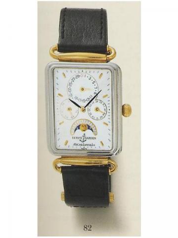 Ulysse Nardin, Le Locle, Michelangelo, Ref. 164-44. Produced in the 1990's.Fine, astronomic, rectangular, water-resistant, stainless steel and yellow gold gentleman's wristwatch with triple date and moon phases and an original UN buckle. Accompanied by a 