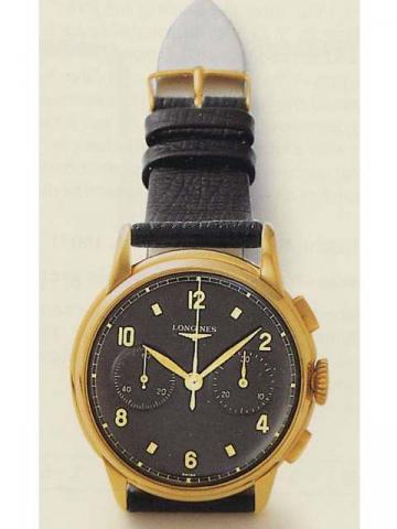 Longines, Ref. 5969. Produced in the 1950's.Fine, 18K yellow gold gentleman's wristwatch with square button chronograph and register.