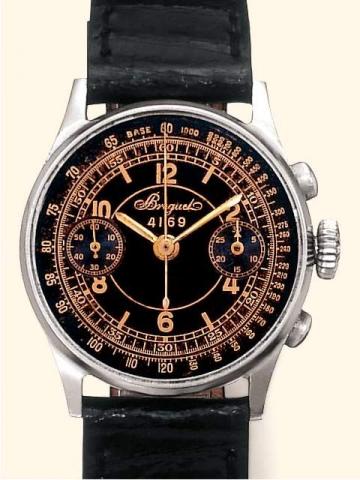 Breguet, Ref. 4169. Produced in the 1930's.Very fine and extremely rare stainless steel gentleman's wristwatch with olive-shaped button chronograph, register and tachometer. Accompanied by Breguet certificate.