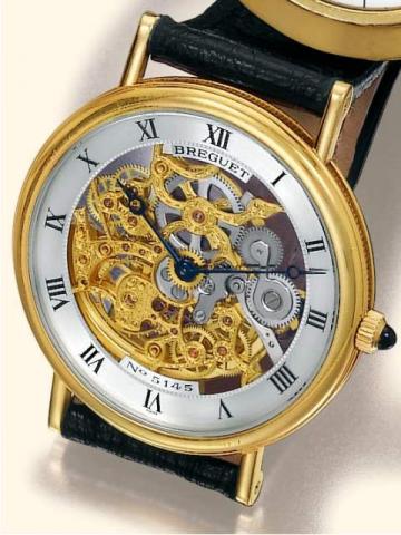 Breguet, Ultra Thin, No. 5145, Ref. 3030. Produced in the 1980's.Very fine 18K yellow gold skeletonized gentleman's wristwatch.