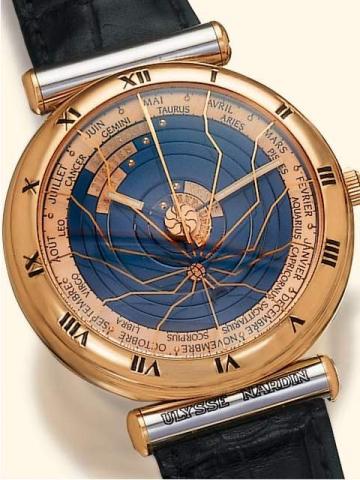 Ulysse Nardin, Locle, Suisse, Planetarium Copernicus, No. 290, Ref. 801-22. Produced in the 1990's.Fine and unusual, astronomic, self-winding, water-resistant, 18K pink and white gold gentleman's wristwatch with functions of the planetary cycle, days, mon