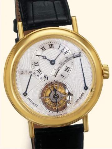 Breguet Tourbillon, Ref. 3650. Produced in the 1990's.Very fine and important, water-resistant, 18K yellow gold gentleman's wristwatch with one-minute tourbillon regulator, 55-hour power reserve, fly-back sector for 24-hour nocturnal and diurnal indicatio