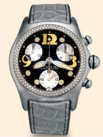 Corum, Bubble _ Boutique, Ref. 396.150.20. Produced in 2001..Fine and unusual, curved, water-resistant, stainless steel and diamonds, unisex quartz wristwatch with round button chronograph, registers and date, a thick domed crystal creating a lens effect,