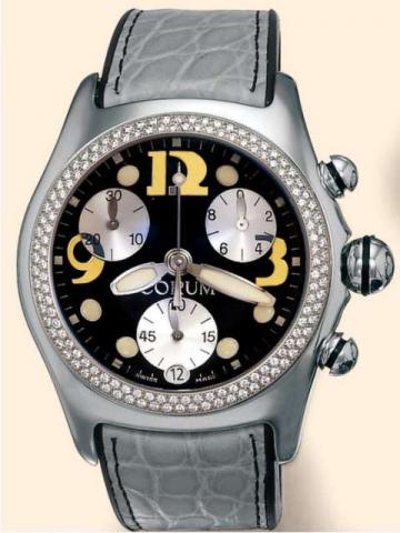 Corum, Bubble _ Boutique, Ref. 396.150.20. Produced in 2001..Fine and unusual, curved, water-resistant, stainless steel and diamonds, unisex quartz wristwatch with round button chronograph, registers and date, a thick domed crystal creating a lens effect,