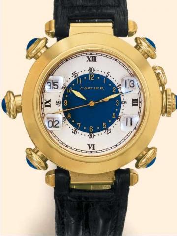 Cartier, Pasha Golf, Ref. 30010. Produced in the 1980's..Very fine, center-seconds, 18K yellow gold gentleman's wristwatch with pushers to add up golf strokes on registers and an 18K yellow gold Cartier deployant clasp.