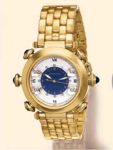 Cartier, Pasha Golf, Ref. 30010. Produced in the 1980's..Very fine, center-seconds, 18K yellow gold gentleman's wristwatch with pushers to add up golf strokes on registers and an 18K yellow gold Cartier link bracelet and clasp.