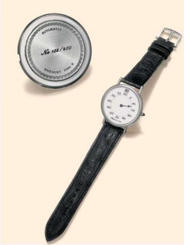 Breguet, No. 135 / 400, Heures sautantes, Ref. 3380 PT. Produced in a limited edition of 400.examples in 1990..Very fine and rare, jumping-hour, self-winding, plati-num gentleman's wristwatch with a platinum Breguet buckle.