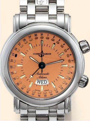 Ulysse Nardin, Le Locle, San Marco Alarm, Ref. 603-77. Produced in the 1990's..Fine, center-seconds, self-winding, water-resistant, stainless steel gentleman's wristwatch with double date, alarm feature and a stainless steel Ulysse Nardin bracelet and cla