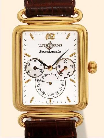 Ulysse Nardin, Le Lo-cle, Michelangelo Po-wer Reserve, Ref. 171-42. Produced in the 1990's..Fine, rectangular, self-winding, water-resistant, 18K yellow gold gentleman's wristwatch with 40 hours power reserve, date and an 18K yellow gold Ulysse Nardin buc