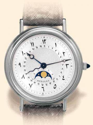 Breguet Serpentine, Ref. 4070. Produced in the 1980's in only nine examples with Islamic numerals.Very fine and unusual, astronomic, self-winding, water-resistant, 18K white gold gentleman's wristwatch with date, moon phases and ages of the moon.