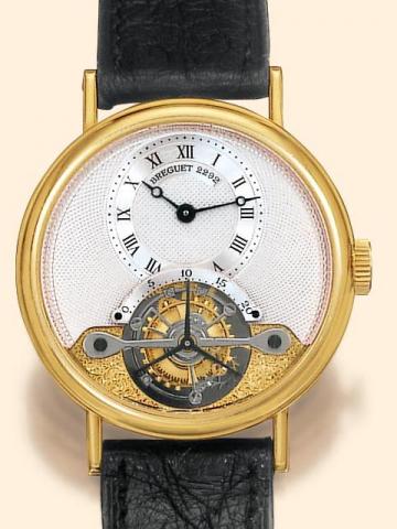Breguet No. 109, Brevet du 7 Messidor, An 9, Ref. 2292. Produced in the 1990's.Very fine and rare, 18K yellow gold gentleman's wristwatch with one-minute tourbillon regulator and an 18K yellow gold buckle. Accompanied by a green lacquered wooden fitted bo