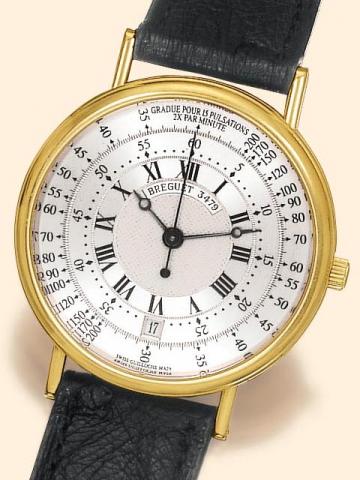 Breguet M_dicale, No. 1308, Ref. 3640. Produced in the 1990's.Very fine and flat, center-seconds, self-winding, 18K yellow gold gentleman's wristwatch with date, pulsometer and an 18K yellow gold Breguet buckle. Accompanied by original box and certificate