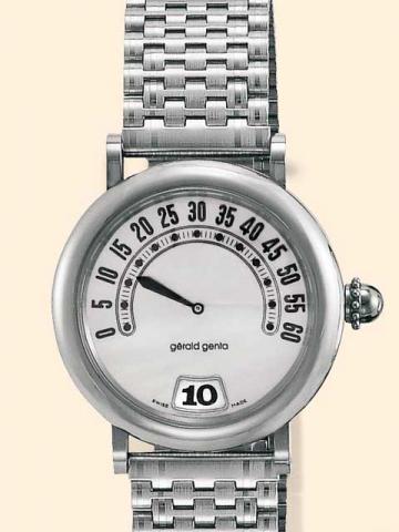 G_rald Genta, R_tro Classic, Ref. G 3634. Produced in the 1990's.Fine, jump-hour, self-winding, water-resistant, stainless steel gentleman's wristwatch with retrograde minutes, 40 hours autonomy and a stainless steel bracelet.