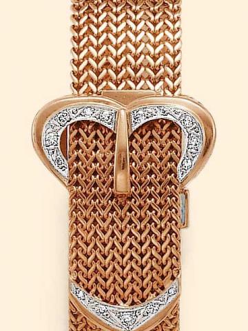 Rolex Precision,Ref. 8413, retailed by Serpico Y Laino. Pro-duced in the 1950's.Very fine and rare, 18K pink gold and diamonds lady's wristwatch with concealed dial and an 18K pink gold woven bracelet.